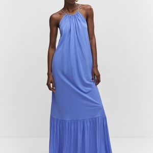 Mango Sky Blue Tiered Floucy Ruffled Halter Cross Back Maxi Dress Womans Size 8